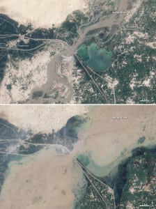 下面的图片显示的是2010年8月巴基斯坦克什米尔附近的洪水，而上面的图片显示的是一年前的同一地区。图片来自NASA戈达德太空飞行中心/ Flickr