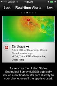 红十字会使用Twitter分享其灾难信息应用程序的信息，而这些应用程序又利用了政府机构的数据。这个屏幕截图显示了该组织的地震信息应用程序，由美国地质调查局通知。