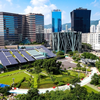 Image of city sourcing power from solar panels.